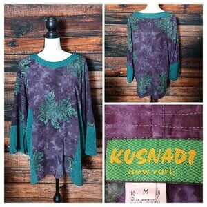 KUSNADI Tunic Top M Bohemian Leaf Print Rayon Side Slits 3/4 Sleeve Art
